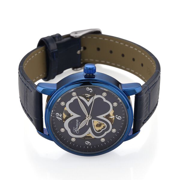 GENOA TIME V2 Automatikuhr mit Automatikwerk, Zifferblatt mit Blumenmuster und Moissaniten, blaues Lederarmband, 36 mm, ca. 0,08 ct. image number 4