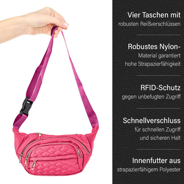 Multifunktionale RFID-geschützte Nylon Gürteltasche mit Schnellverschluss, 36x4x13cm, Rosa image number 4