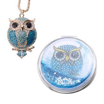 2er-Set mehrfarbiger Kristall Eulen-Anh&auml;nger mit Kette und Spiegel, ca. 71+5 cm, Silber und goldfarben