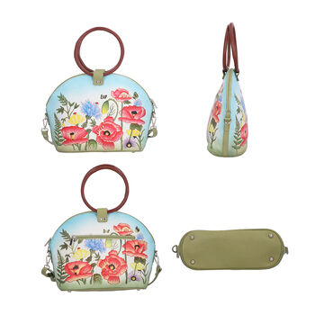 SUKRITI, Handbemalte 100 % Leder Tasche mit Maulbeerseiden Schal, Blumenmuster, Himmelblau