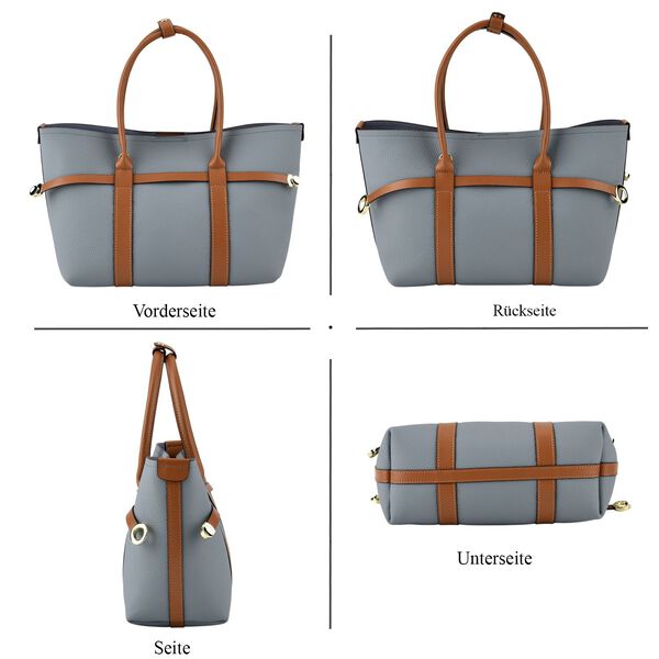 Leder Shopper Set 2 teilig mit Magnetfach und Rei&szlig;verschlussfach 35 x 11 x 20 cm Blau Braun image number 4