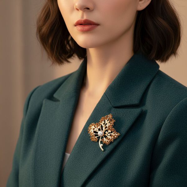 Kunststoff Perle, Champagner Kristall Brosche  Gelb image number 3