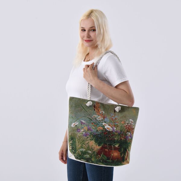 Jacquardgewebte Tasche aus Jute, 42x37x34 cm, Blumenmuster image number 2