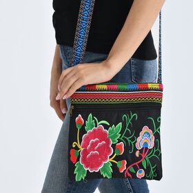 Blumen Stickerei Umhängetasche, verstellbarer Riemen, 23 x 24 cm, Pink Grün