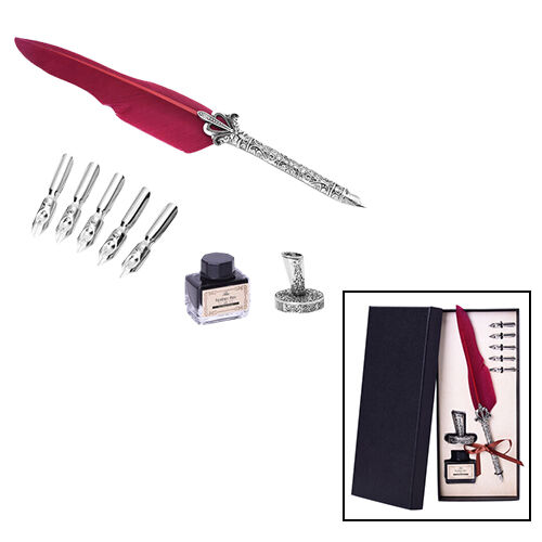 Feder Stift mit Ständer und schwarzer Tinte (15ml) und 6 verschiedenen Ersatzspitzen in Silberfarben, Burgunderrot image number 1