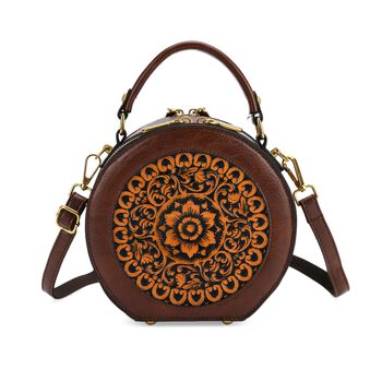 Runde Crossbody-Bag mit Mandala-Pr&auml;gung, 19x8x18 cm, Braun