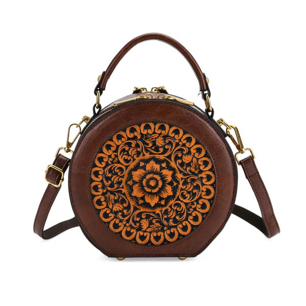 Runde Crossbody-Bag mit Mandala-Pr&auml;gung, 19x8x18cm, Braun