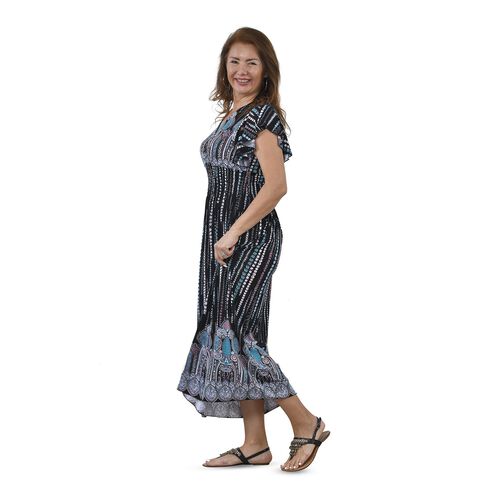 Midaxi-Kleid mit gesmokter Taille und Flatterärmeln, One Size, Schwarz und blau image number 1