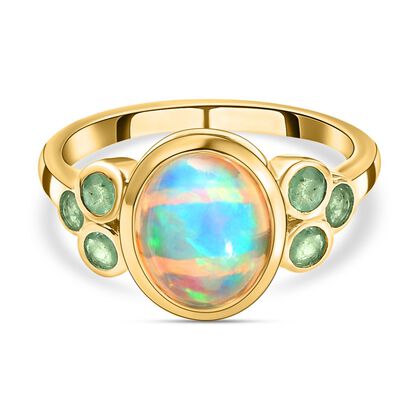 Natürlicher, äthiopischer Welo Opal und Kagem sambischer Smaragd-Ring, 925 Silber Gelbgold Vermeil  ca. 2,06 ct