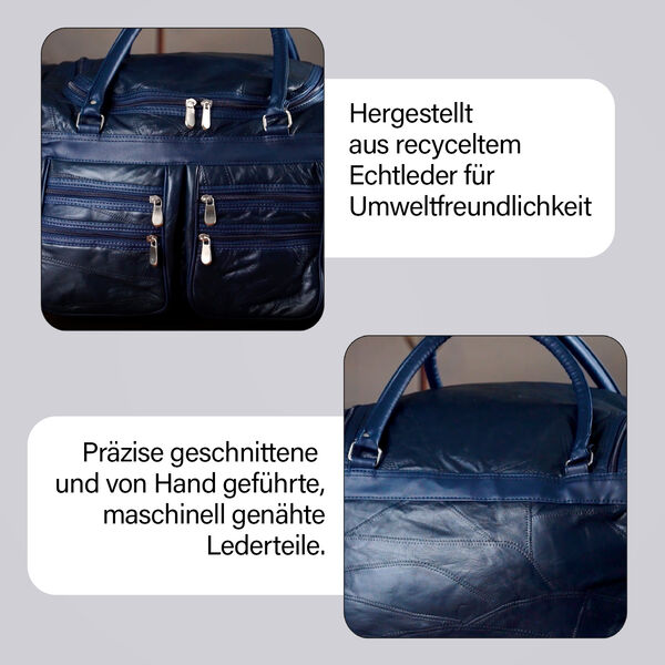 Patchwork-Reisetasche aus Schafleder mit 6 Außentaschen und Schulterriemen, 51x29x28 cm, Blau image number 3