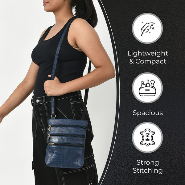 Echtleder Crossbody Tasche mit Kroko Pr&auml;gung, Multi-F&auml;cher, 20 x 24 cm, Marineblau image number 3