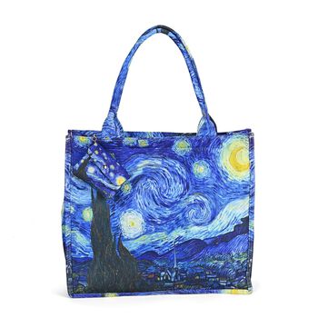 Bedrucktes Tote-Bag- und Geldb&ouml;rsen-Set - 2-teiliges Set mit Van Gogh-Motiv, robustem Polyester, 40 x 35 x 2,5 cm, dunkelblau