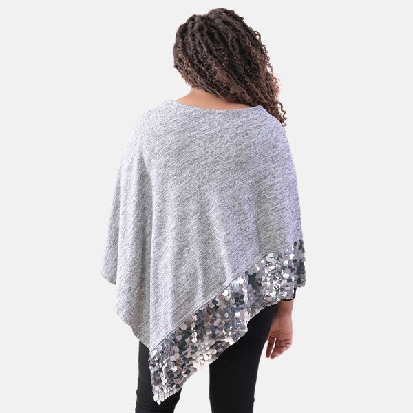 TAMSY: Poncho mit Pailletten-Bordüre, Einheitsgröße, Grau  image number 1
