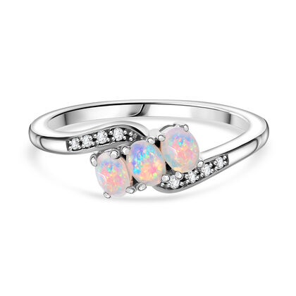 Nat&uuml;rlicher, &auml;thiopischer Welo Opal, Wei&szlig;er Zirkon Ring 925 Silber rhodiniert (Gr&ouml;&szlig;e 18.00) ca. 0,40 ct