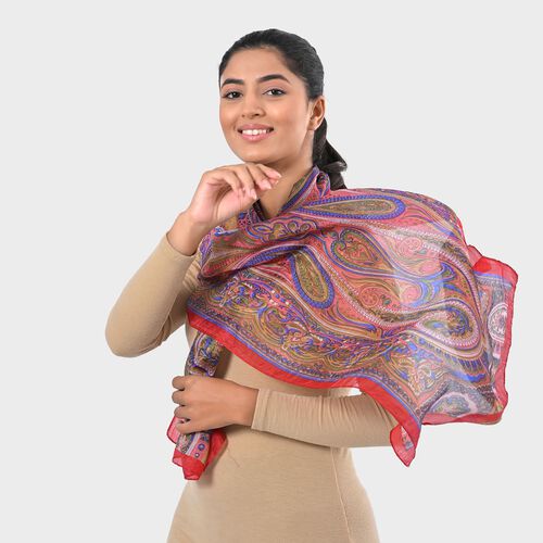 "Fabric - 100% Silk Printed Scarf Color - Blue Pink  Size- 160 x 49 CM" image number 1