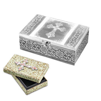 2er-Set &ndash; Oxidierte 20x13,5x7cm Aluminium-Schmuckbox und 16x9,5x3,8cm Perlen-Box, Kreuzpr&auml;gung, Silber und Wei&szlig;