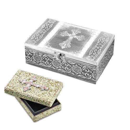 Cross Embossed Aluminium Oxidized Box   Size : 7.8X5.3X2.75 Inch , Cross Bling Box -  Beaded Box Size - 6.3X3.75X1.5 Inch