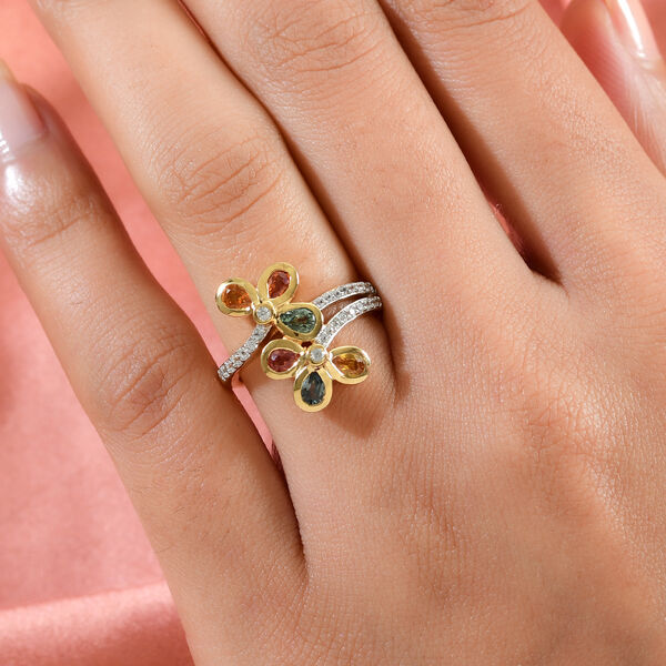 Mehrfarbiger Saphir und floraler Zirkon-Bypass-Ring, 925 Silber vergoldet, 1,56 ct. image number 3