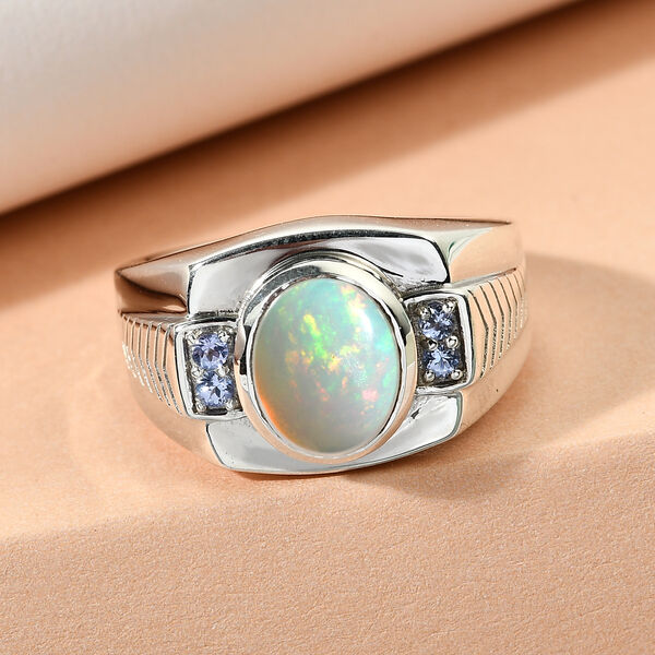 Nat&uuml;rlicher &Auml;thiopischer Opal und Tansanit Herren Ring 925 Silber platiniert  ca. 1,84 ct image number 2