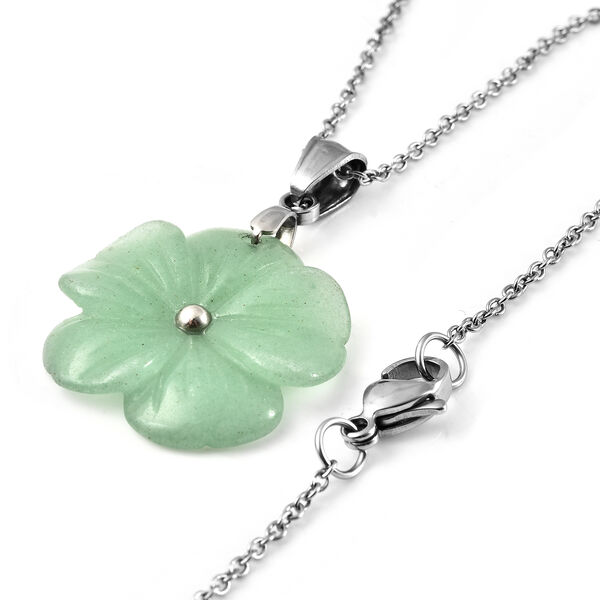 Floral geschnitzter, grüner Aventurin-Anhänger mit Kette, ca. 50 cm in Edelstahl image number 2