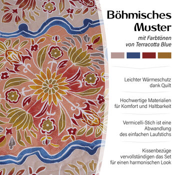 Serenity Night: 3er Set &ndash; Bedruckte Steppdecke und 2 Kissenbez&uuml;ge, Terracotta Blau