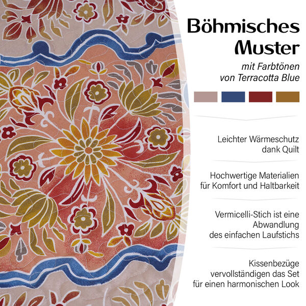 Serenity Night: 3er Set &ndash; Bedruckte Steppdecke und 2 Kissenbez&uuml;ge, Terracotta Blau image number 1