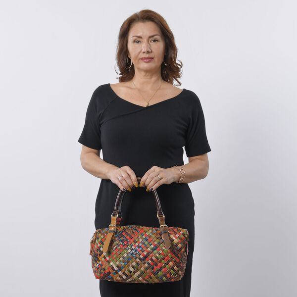 CHAOS BY ELSIE - Gewobene Umh&auml;ngetasche aus echtem Leder, 25x10x21 cm, Karomuster, Orange image number 2