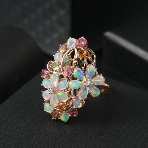 Flora Aurora - D joy Natürlicher, äthiopischer Welo Opal, Mehrfarbiger-Turmalin Eternal Blossom Ring, 925 Silber 750 Roségold Vermeil (Größe 19.00) ca. 4,07 ct image number 1