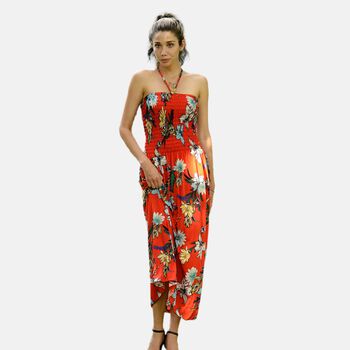 Gesmoktes Maxi-Kleid, Blumenmuster, Rot