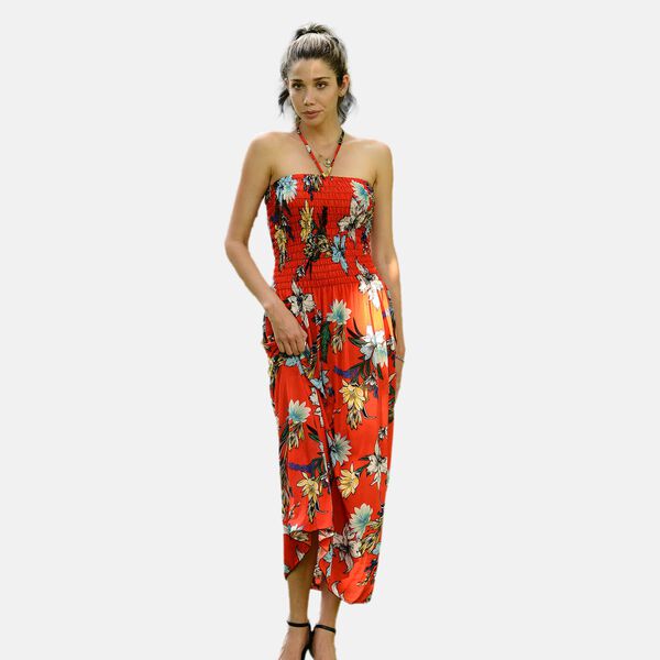 Gesmoktes Maxi-Kleid, Blumenmuster, Rot