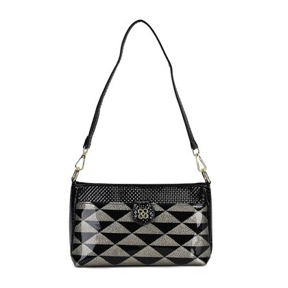 Stylische Sling-Umh&auml;ngetasche mit schwarzem Dreiecksmuster, vielseitigem Gurt und praktischen F&auml;chern, 26x10x15 cm, Schwarz