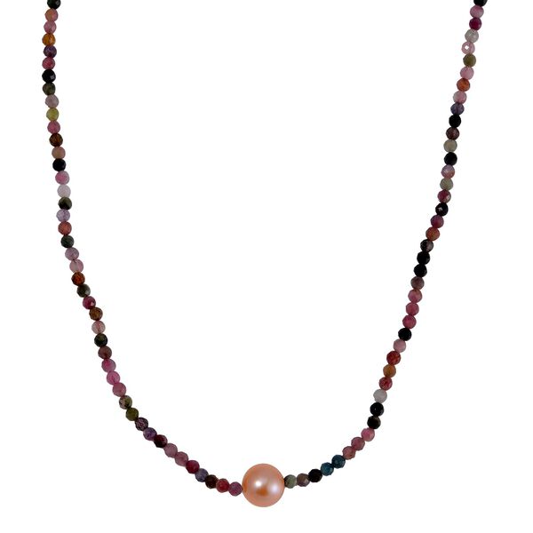 Mehrfarbige-Turmalin flexible Halskette, Pfirsich Perlen, 925 Silber rhodiniert