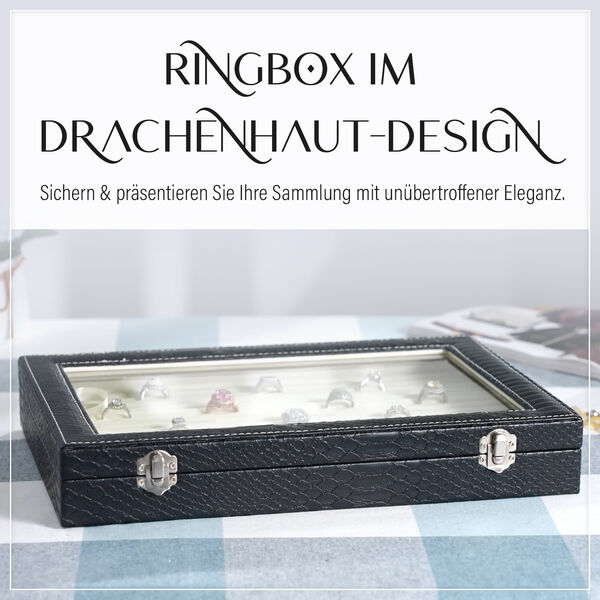Elegante Ringbox im Edlen Drachenhaut-Design, 150 F&auml;cher, Glasfenster, Anlaufschutz, Zwei Verschlussriegel, 35x24x5.5cm, Schwarz image number 8