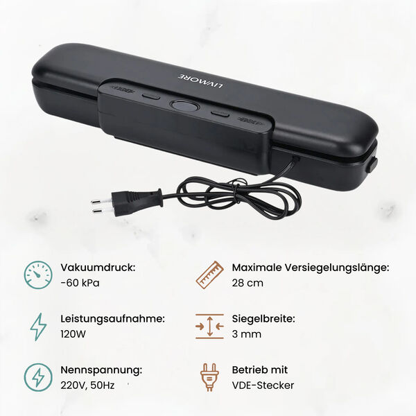 LIVMORE Vakuumierger&auml;t mit Schwei&szlig;- und Vakuumfunktion, inkl. Rollenbeutel und 10 Vakuumbeuteln, Schwarz image number 7