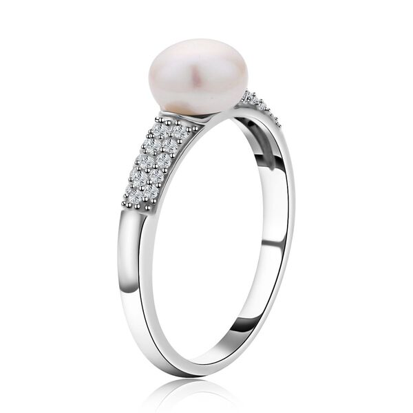 Wei&szlig;e S&uuml;&szlig;wasserzuchtperle, Wei&szlig;er Zirkon Ring 925 Silber rhodiniert (Gr&ouml;&szlig;e 16.00) ca. 0,39 ct image number 5