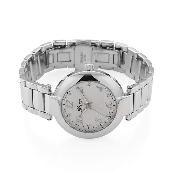 GENOA TIME V2 Uhr mit Japanischem Miyota 2035 Werk, Zifferblatt Silber mit Hydraulik-Design und Wei&szlig;en Kristallen, Edelstahlarmband Silberfarben, 3 ATM wasserdicht image number 5