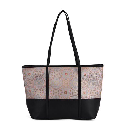 Schultertasche modischem Print, große Kapazität, mit Reißverschluss und Innentasche, 48x29x14 cm, Polyester mit PU-Leder, Blau mit Blumenmuster image number 0
