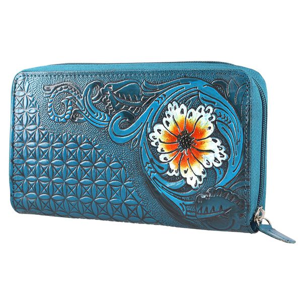 Gepr&auml;gte Lederb&ouml;rse mit RFID Schutz, florales Muster, 20x3x11cm, blau image number 3