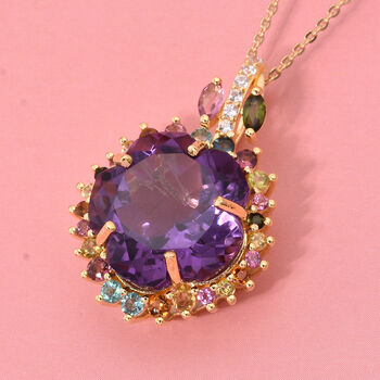 AA Afrikanischer Amethyst, Multi-Turmalin und Zirkon Anh&auml;nger mit 50cm Kette - 11 ct.