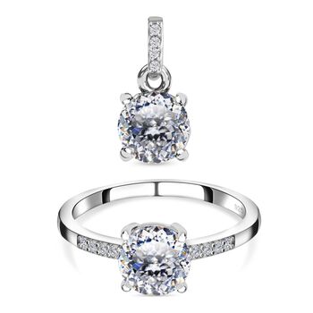 2er Set - 100 Facetten Moissanit Anh&auml;nger und Ring, 925 Silber platiniert ca. 2.65 ct