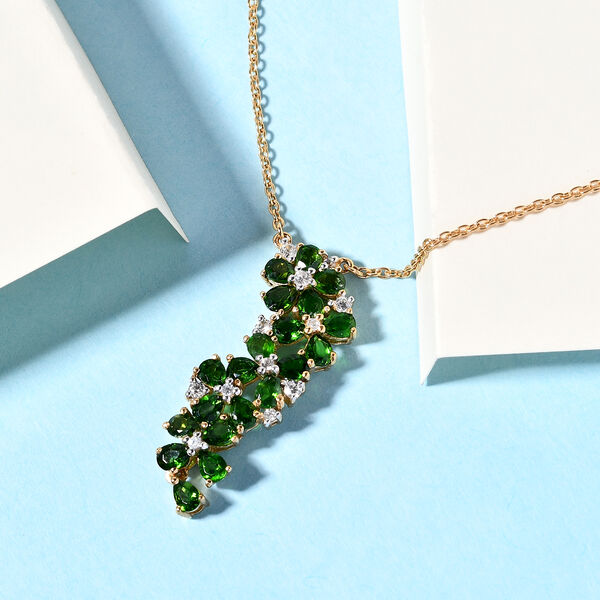 Nat&uuml;rliche Chromdiopsid und florale Zirkon-Halskette in Silber image number 2