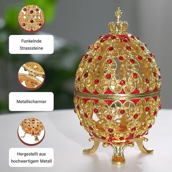 Exquisite Schmuckbox in Hohlkugelf&ouml;rmig - Metall mit farbigem Emaille-Blumenmuster und Strasssteinen, 5x9 cm, rot und gold image number 4