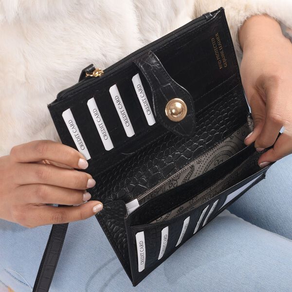 Echtleder Portemonnaie mit Krokoprägung, 18,5x1,5x9,5 cm, schwarz image number 5