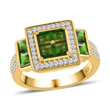Nat&uuml;rlicher Chromdiopsid und Zirkon-Ring, 925 Silber Gelbgold Vermeil  ca. 1,74 ct