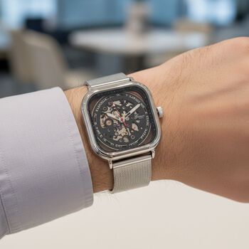 GENOA TIME V2 42mm Automatische Mechanikuhr - Schwarzes hohles Zifferblatt, Geh&auml;use aus Legierung mit IPS-Beschichtung, Edelstahl-Mesh-Armband,  3 ATM wasserdicht, Reiner Edelstahl 8.5 cm