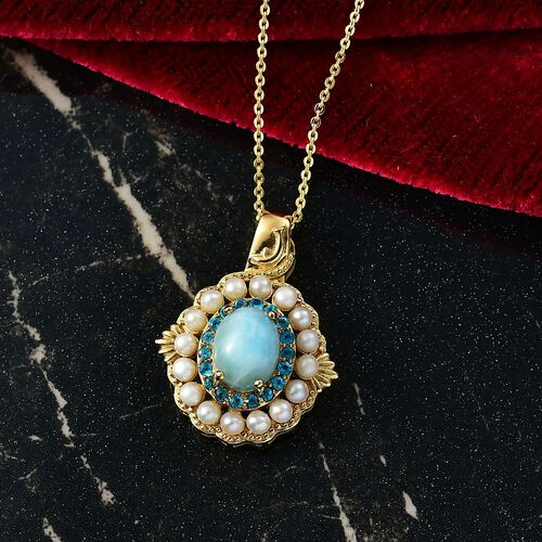 D'Joy Larimar, Süßwasser Perle Schmuckset ca. 50 cm 925 Silber 750 Gelbgold Vermeil image number 1