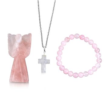 3er-Set aus Rosenquarz: Schutzengel (7.6 cm), Armband mit 8 mm Perlen und Kreuzanh&auml;nger (2.5 cm), handgefertigt, Rosa-Schimmernd