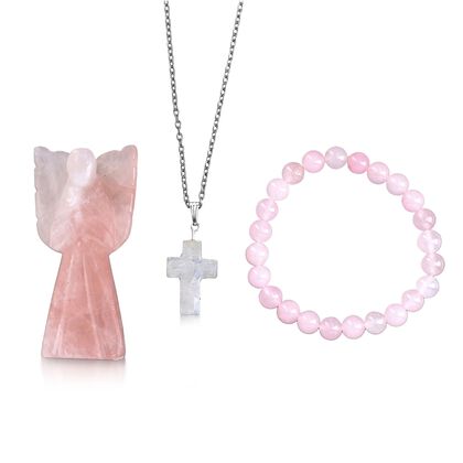 3er-Set aus Rosenquarz: Schutzengel (7.6 cm), Armband mit 8 mm Perlen und Kreuzanh&auml;nger (2.5 cm), handgefertigt, Rosa-Schimmernd