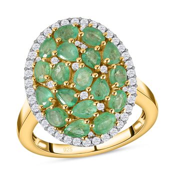 Kagem sambischer Smaragd und Zirkon-Cluster-Halo-Ring, 925 Silber vergoldet, 3,40 ct.