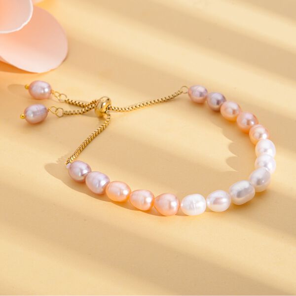 Mehrfarbiges S&uuml;&szlig;wasser Perlen-Armband, ca. 15.25 cm, Edelstahl goldfarben image number 2